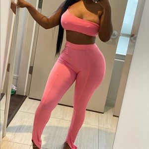 Neon Pink One Shoulder Matching 2 Piece Set